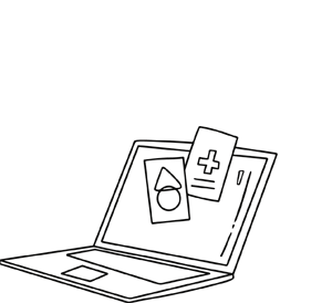 Illustration of laptop with two pieces of paper with shapes on them flying out of screen